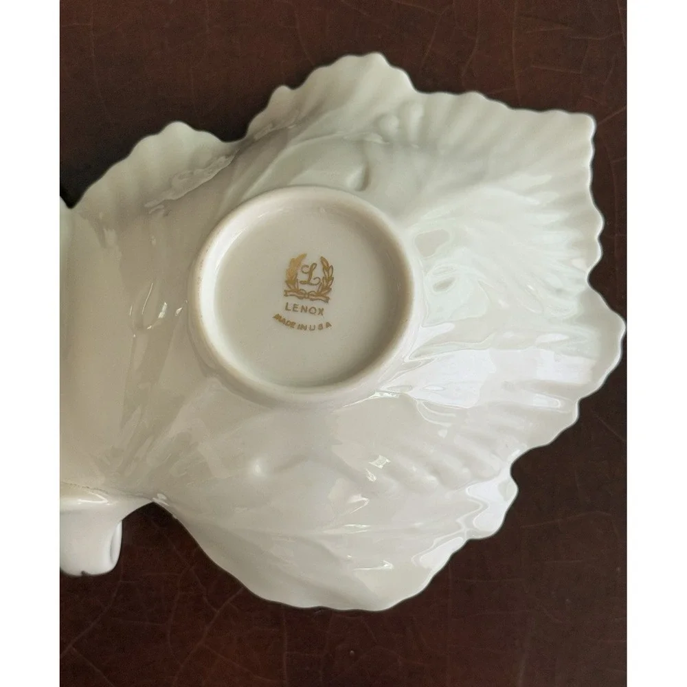 LENOX Double Leaf Ivory Gold Trim Ceramic Serving/Nut/Candy Dish Fall - USA Made